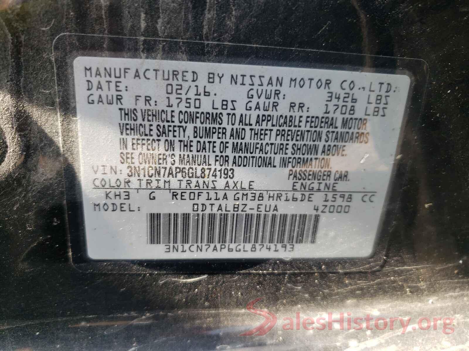 3N1CN7AP6GL874193 2016 NISSAN VERSA