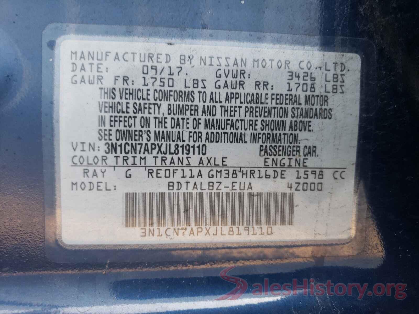 3N1CN7APXJL819110 2018 NISSAN VERSA