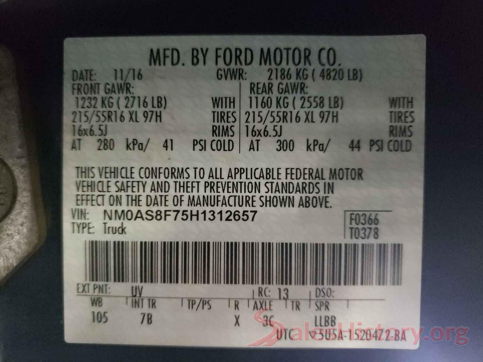 NM0AS8F75H1312657 2017 FORD TRANSIT CO