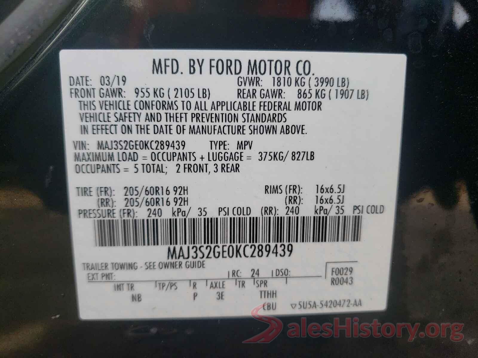 MAJ3S2GE0KC289439 2019 FORD ALL OTHER