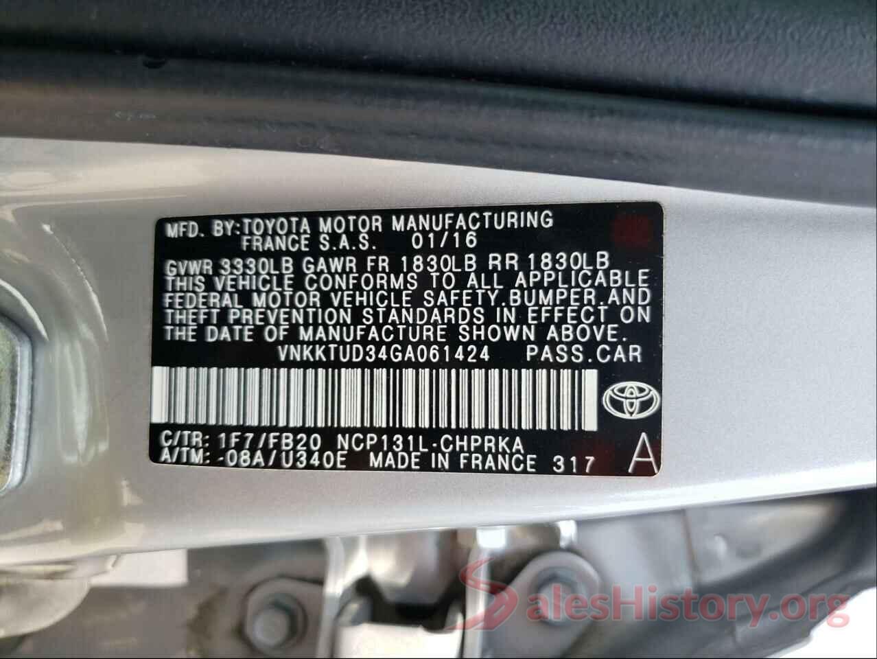 VNKKTUD34GA061424 2016 TOYOTA YARIS