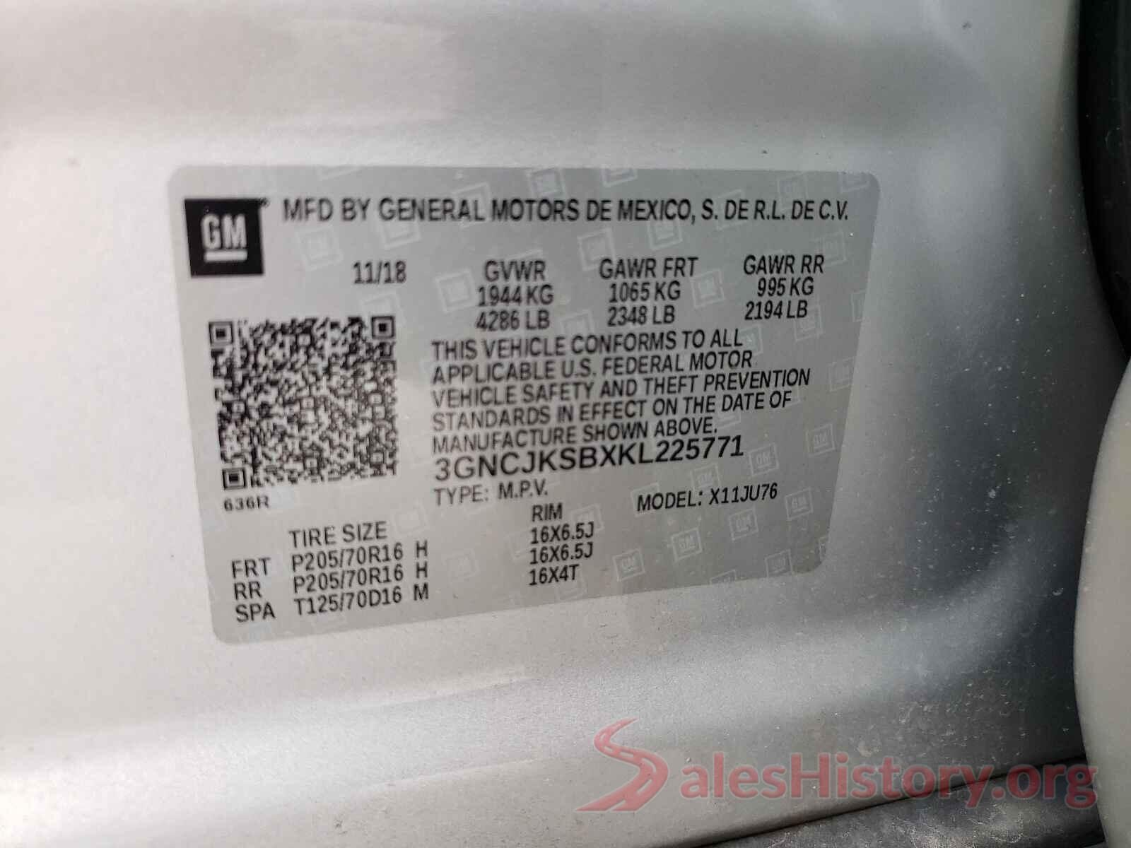 3GNCJKSBXKL225771 2019 CHEVROLET TRAX