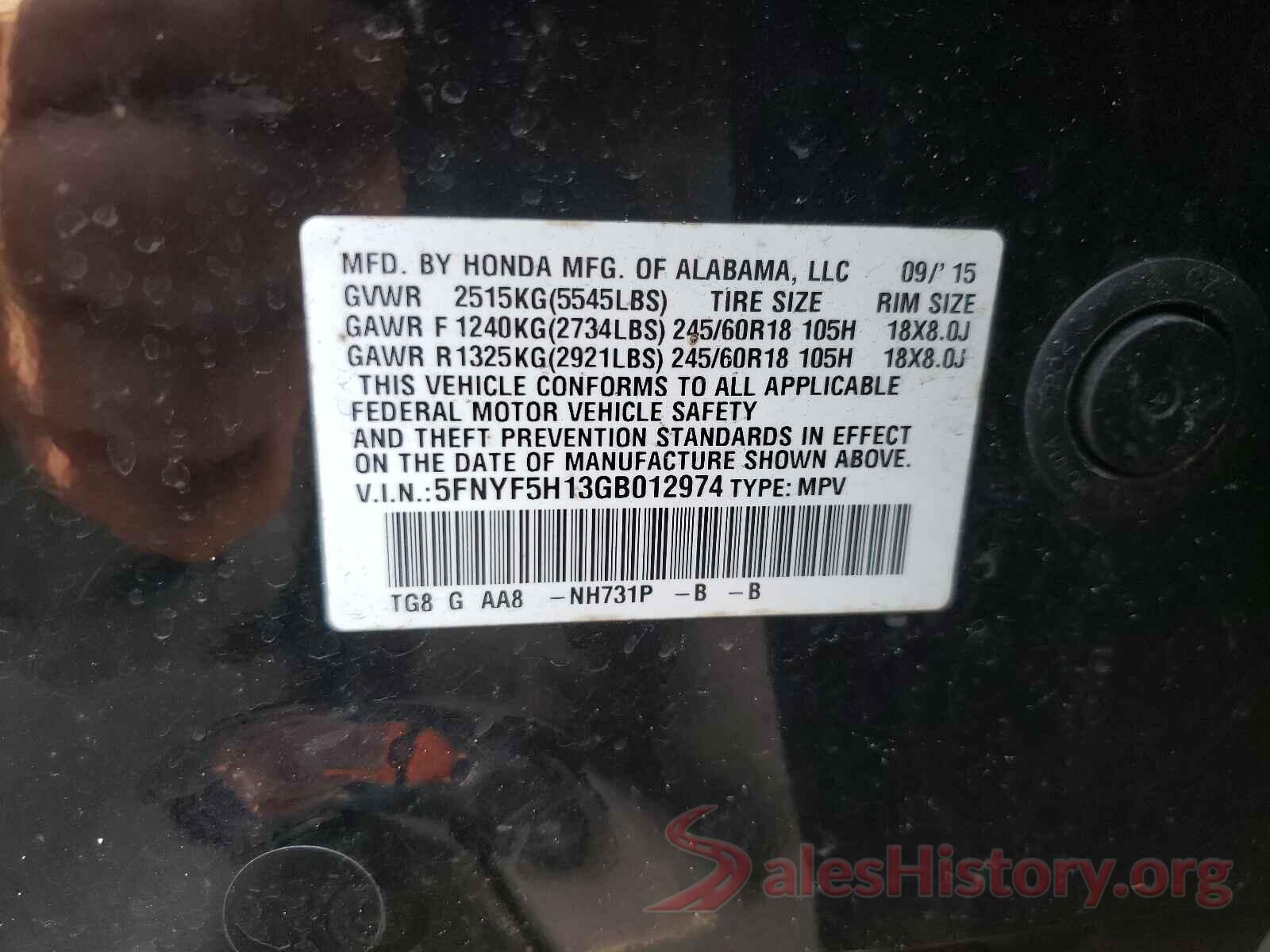 5FNYF5H13GB012974 2016 HONDA PILOT