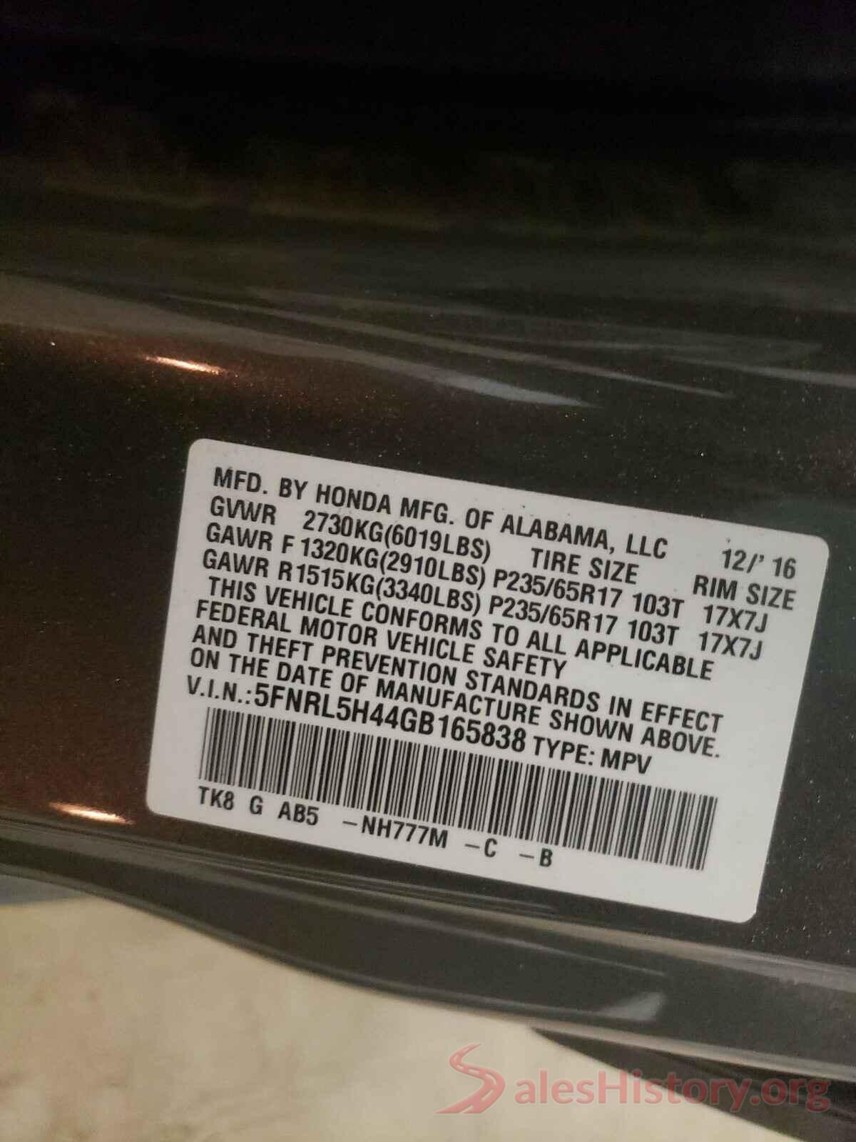 5FNRL5H44GB165838 2016 HONDA ODYSSEY