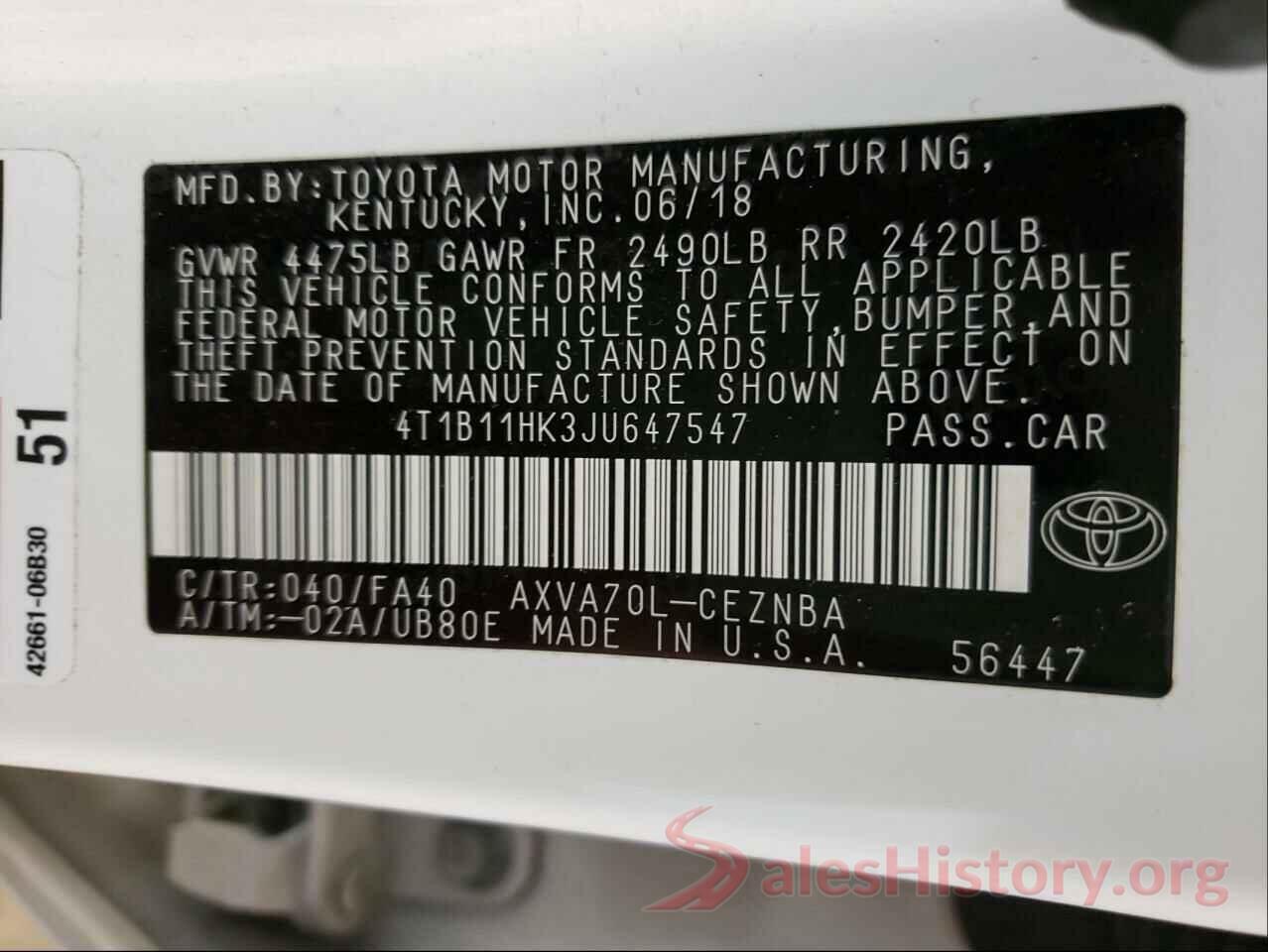 4T1B11HK3JU647547 2018 TOYOTA CAMRY