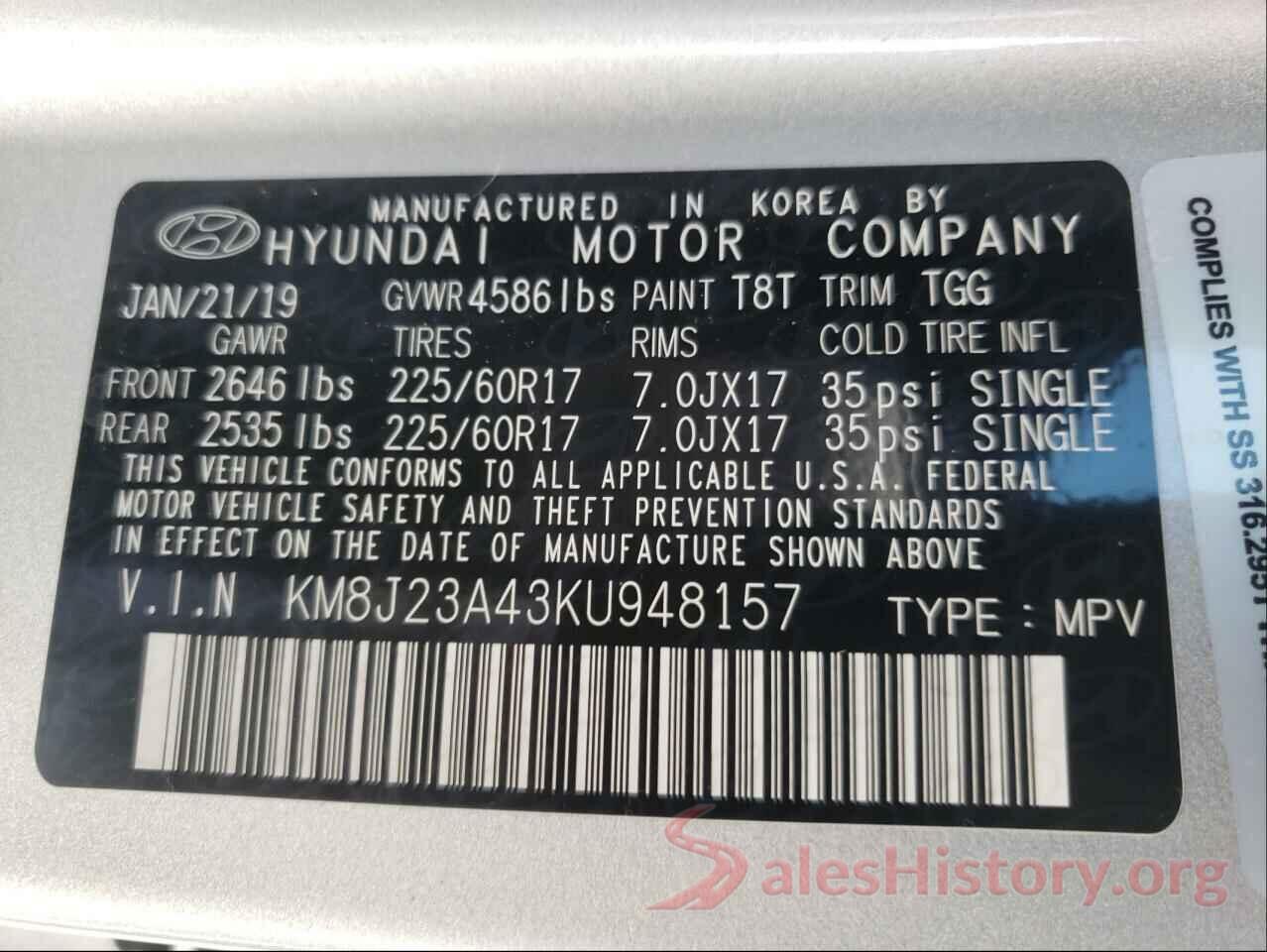 KM8J23A43KU948157 2019 HYUNDAI TUCSON