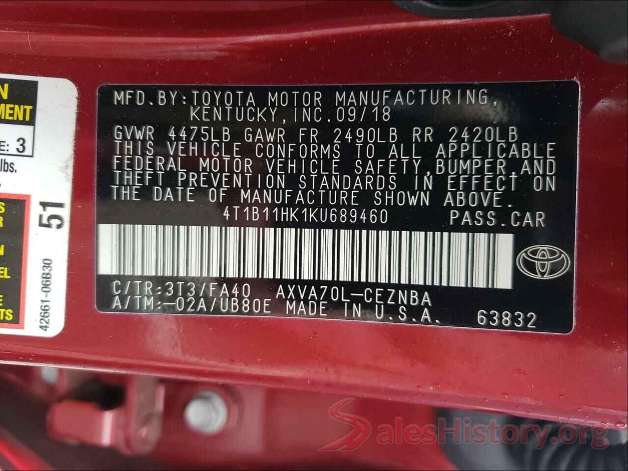 4T1B11HK1KU689460 2019 TOYOTA CAMRY