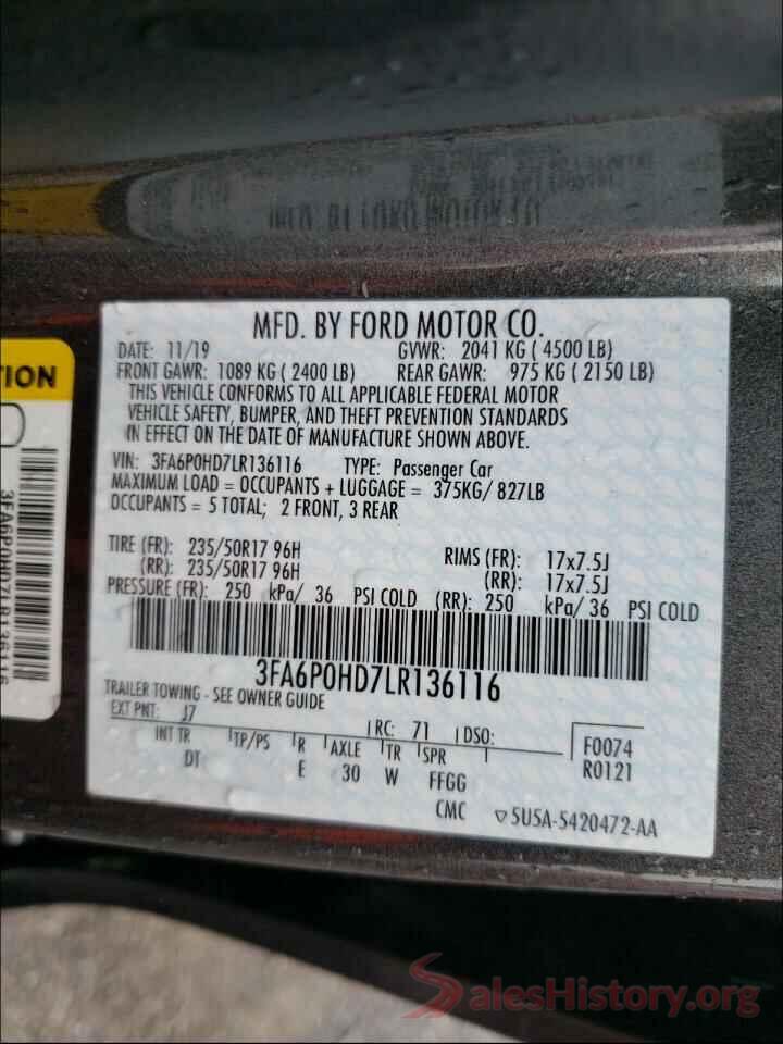 3FA6P0HD7LR136116 2020 FORD FUSION