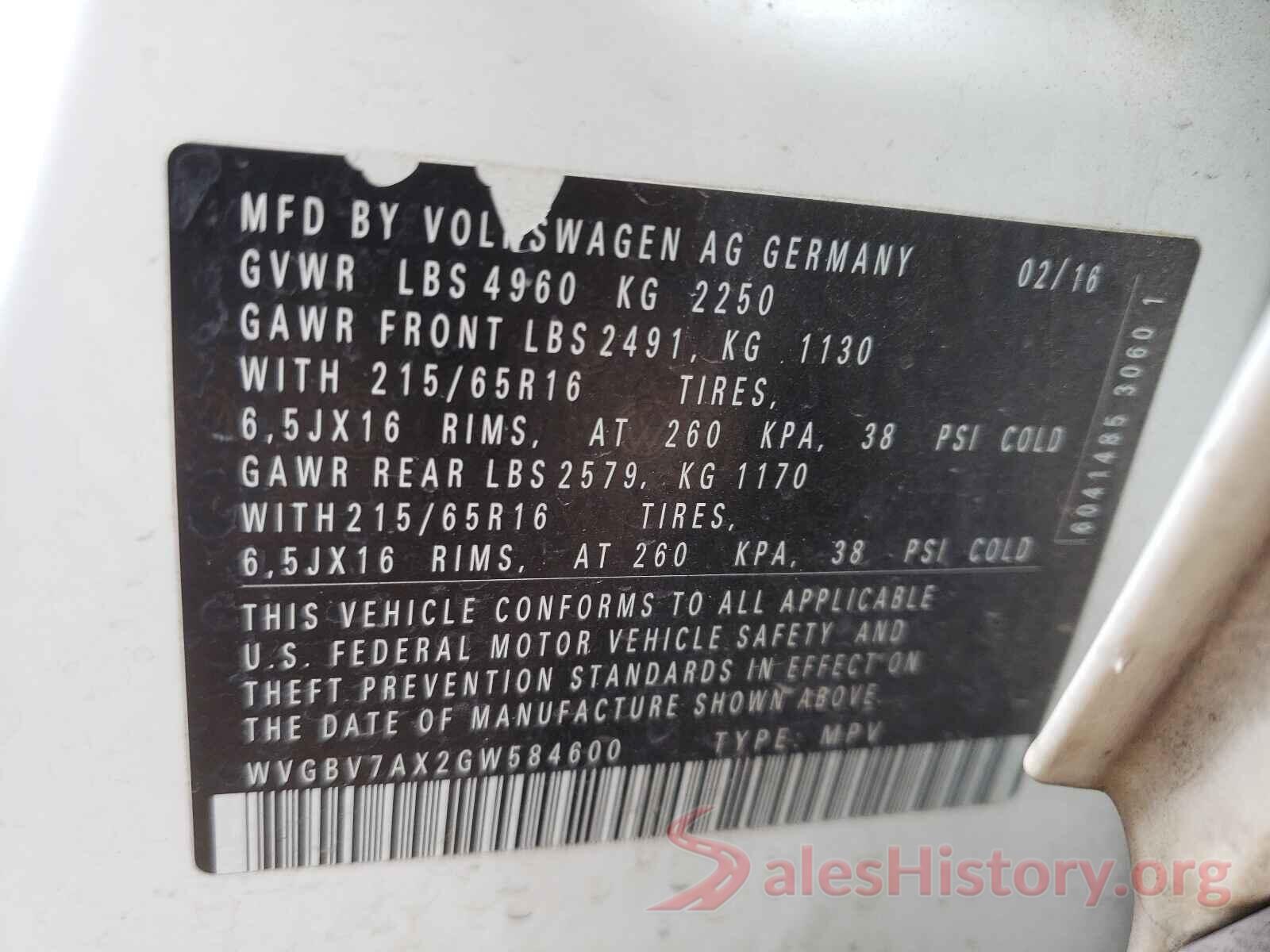 WVGBV7AX2GW584600 2016 VOLKSWAGEN TIGUAN