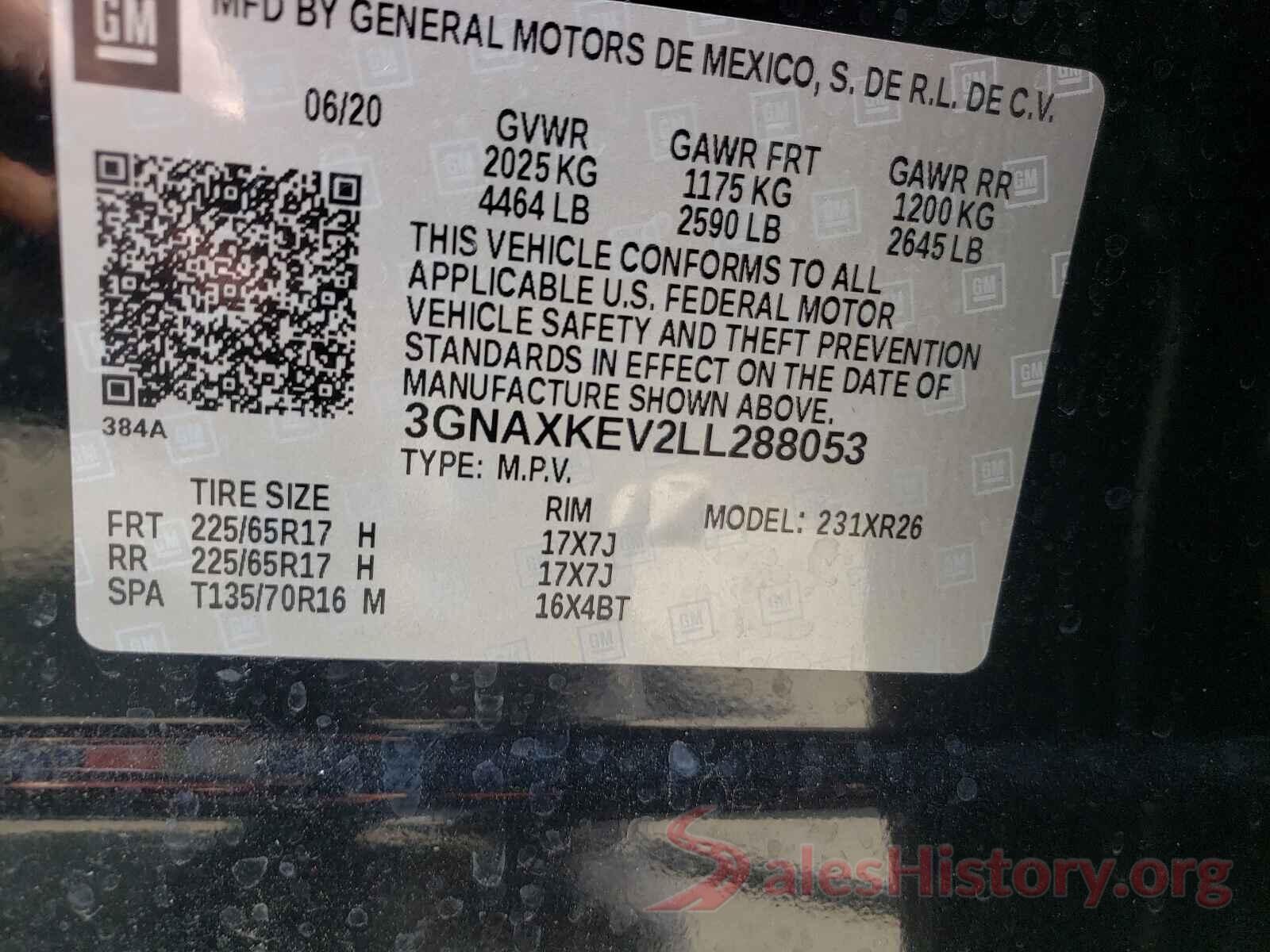 3GNAXKEV2LL288053 2020 CHEVROLET EQUINOX