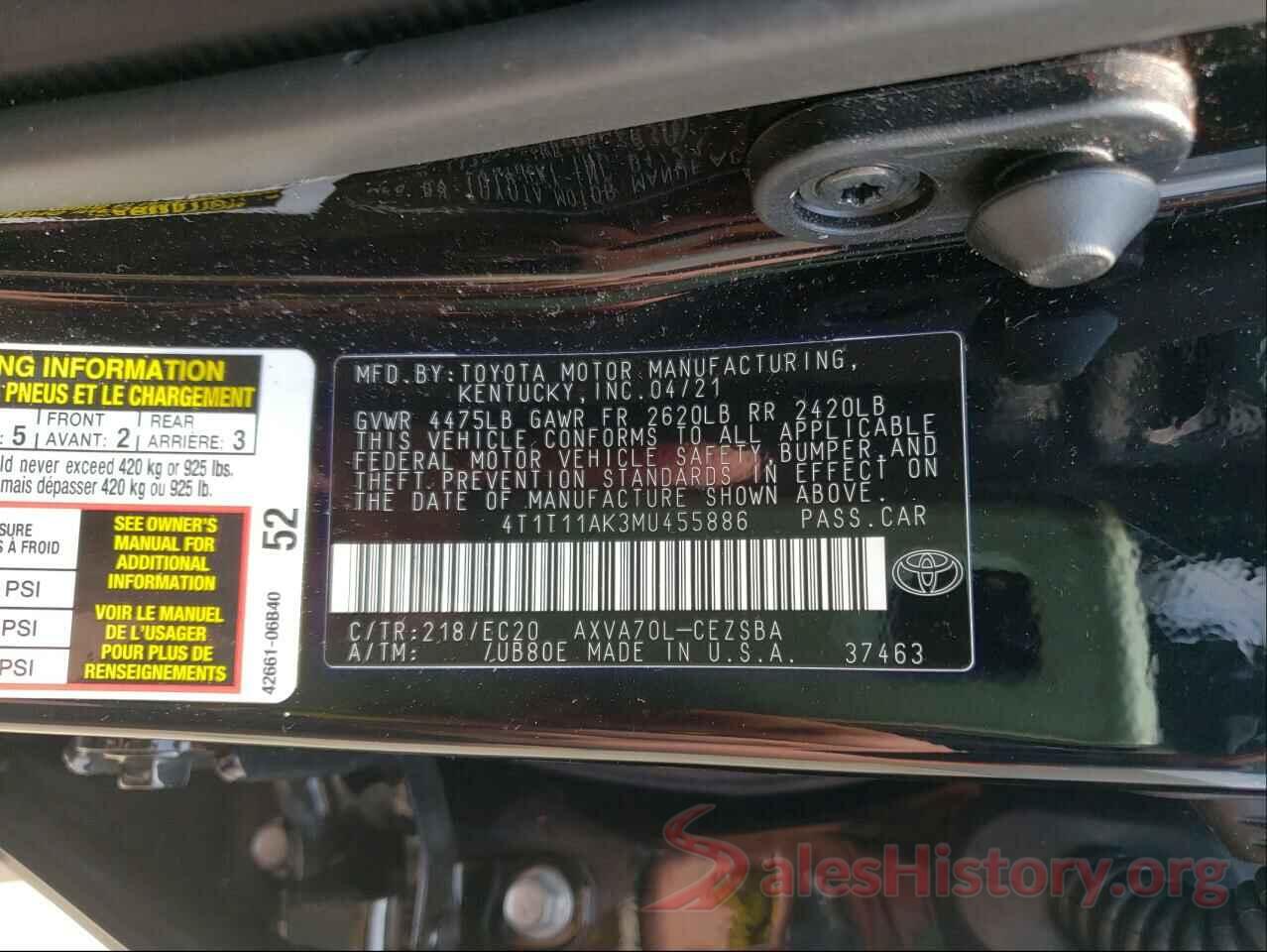 4T1T11AK3MU455886 2021 TOYOTA CAMRY