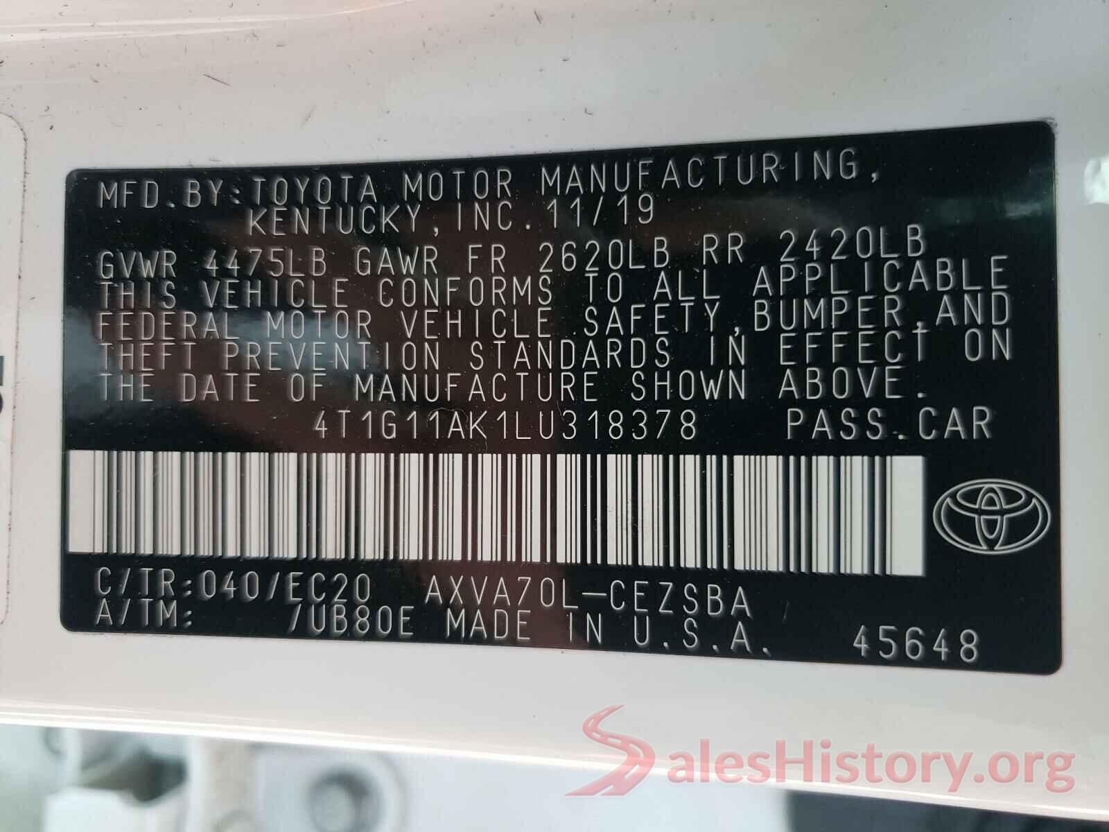 4T1G11AK1LU318378 2020 TOYOTA CAMRY