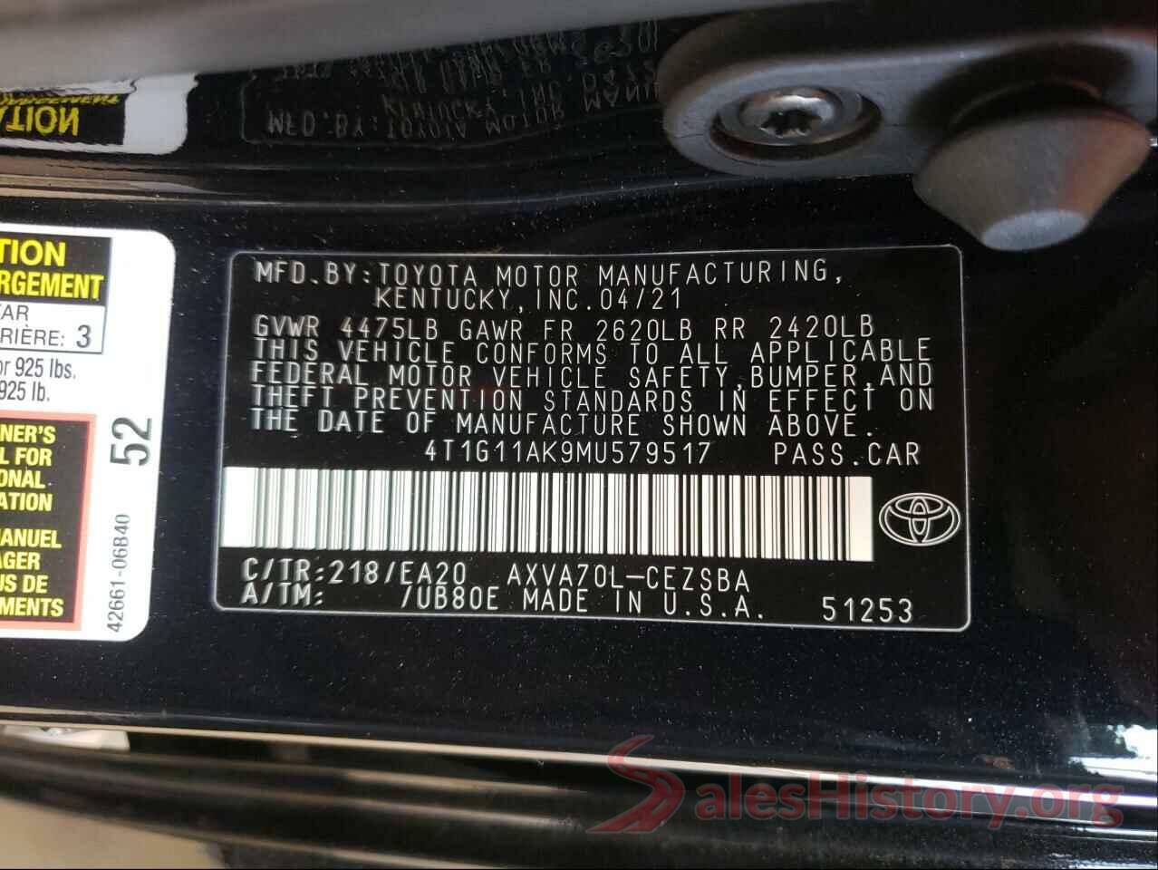 4T1G11AK9MU579517 2021 TOYOTA CAMRY