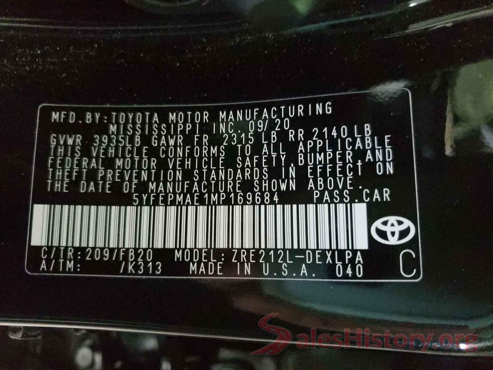 5YFEPMAE1MP169684 2021 TOYOTA COROLLA