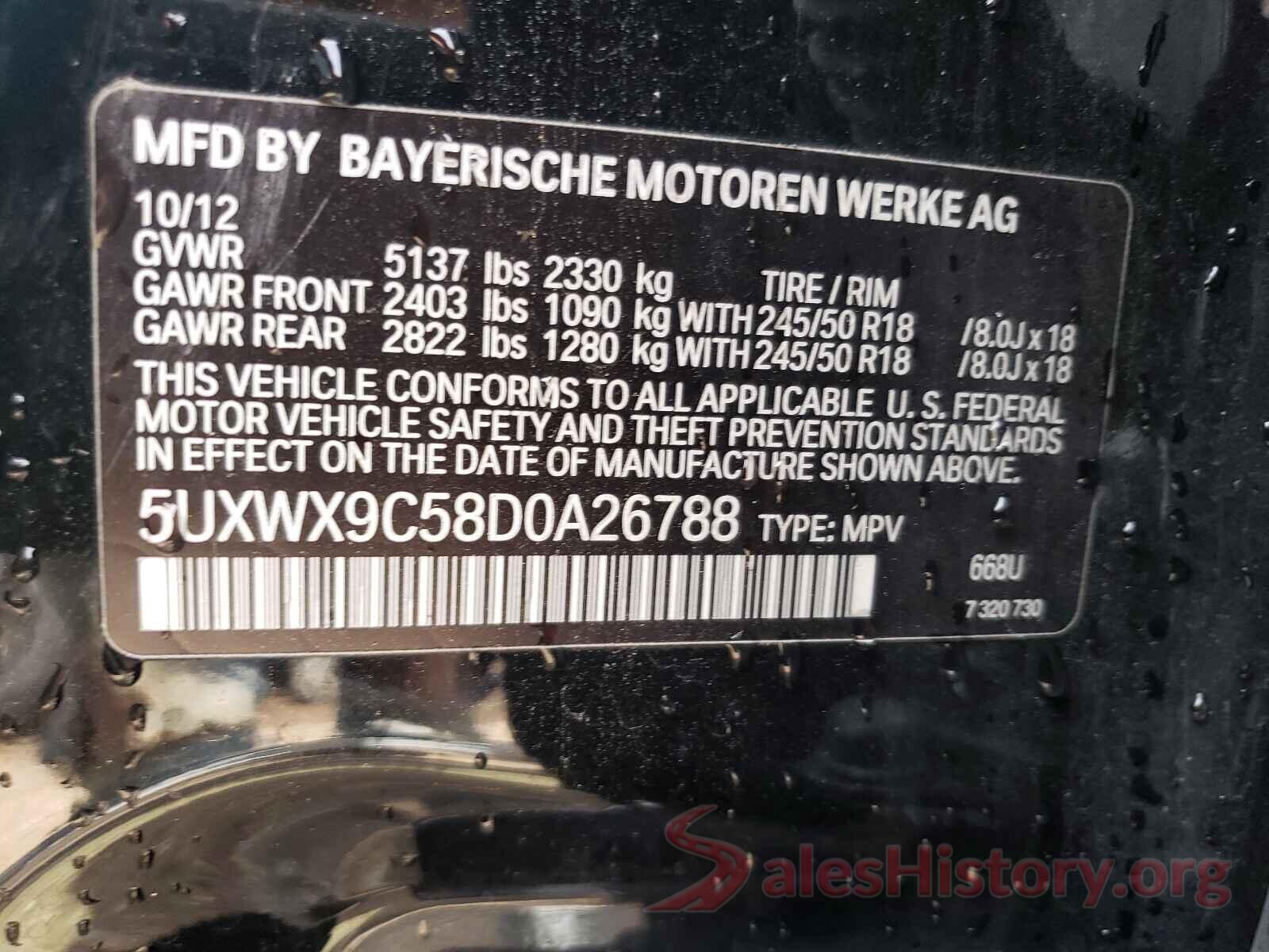 5UXWX9C58D0A26788 2013 BMW X3