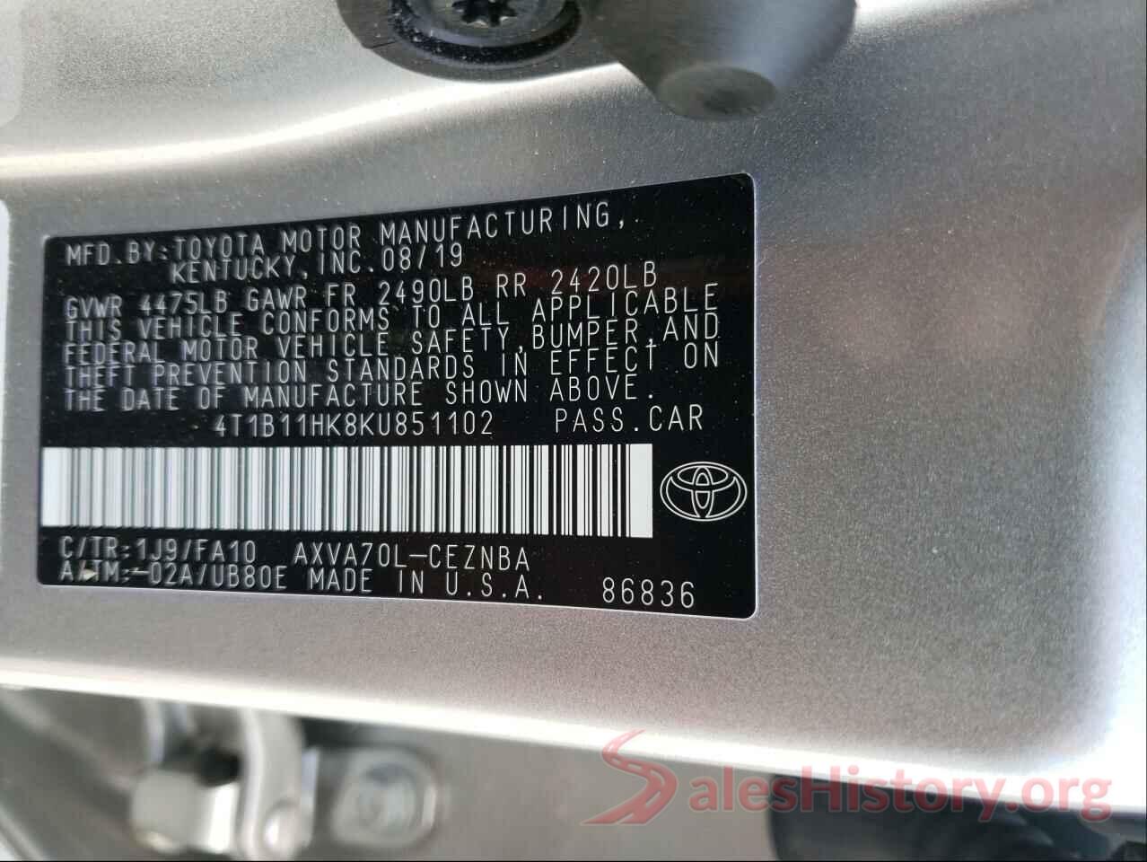 4T1B11HK8KU851102 2019 TOYOTA CAMRY