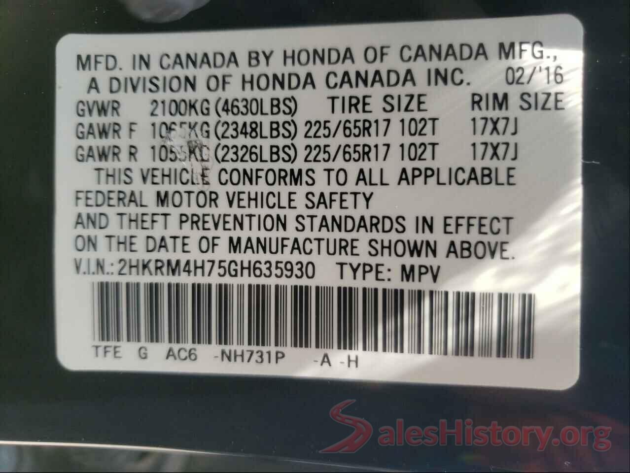 2HKRM4H75GH635930 2016 HONDA CRV