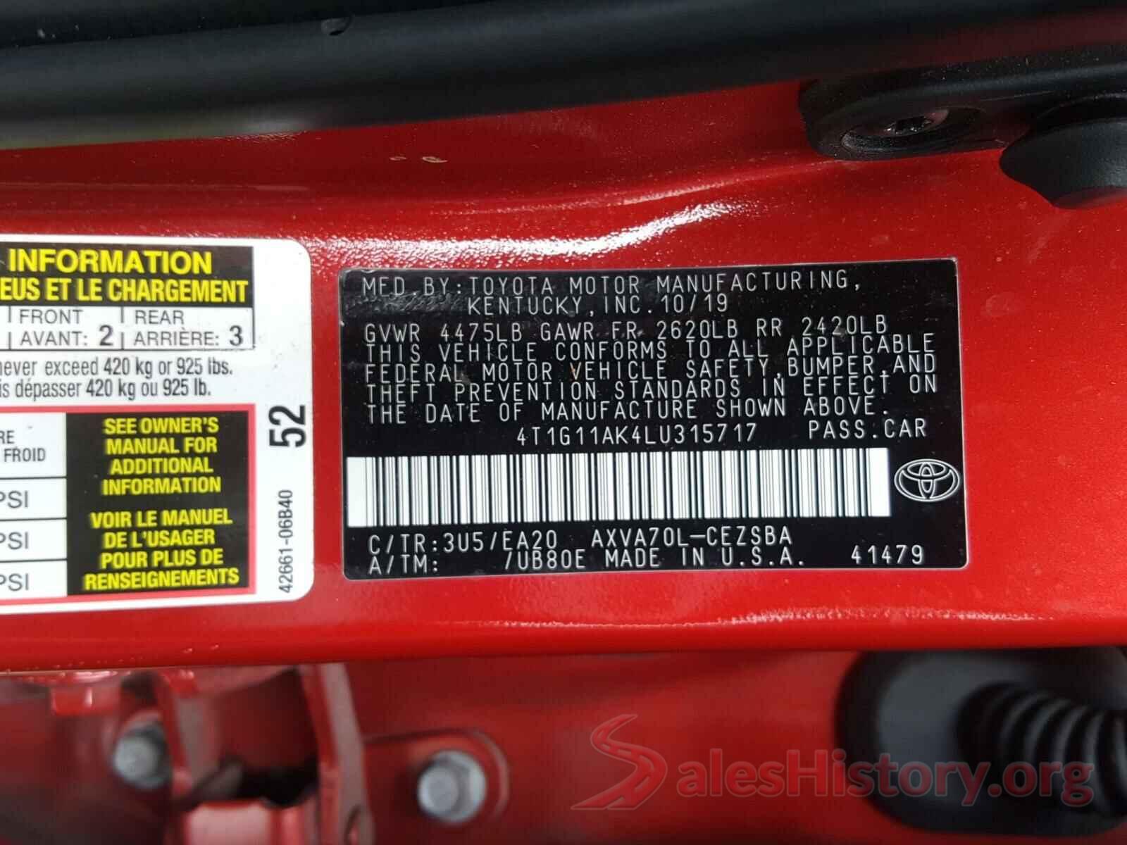 4T1G11AK4LU315717 2020 TOYOTA CAMRY