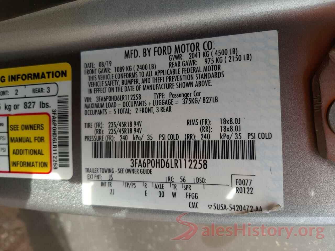 3FA6P0HD6LR112258 2020 FORD FUSION