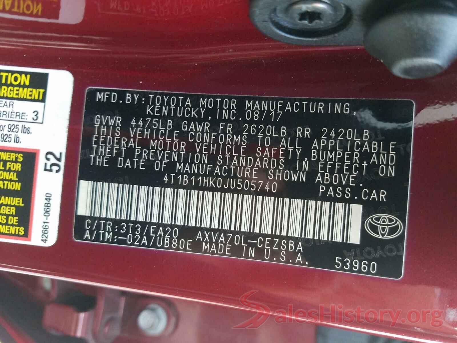 4T1B11HK0JU505740 2018 TOYOTA CAMRY