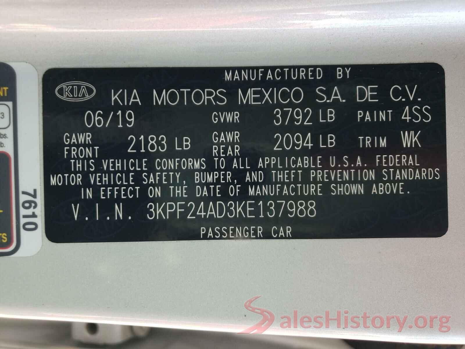 3KPF24AD3KE137988 2019 KIA FORTE