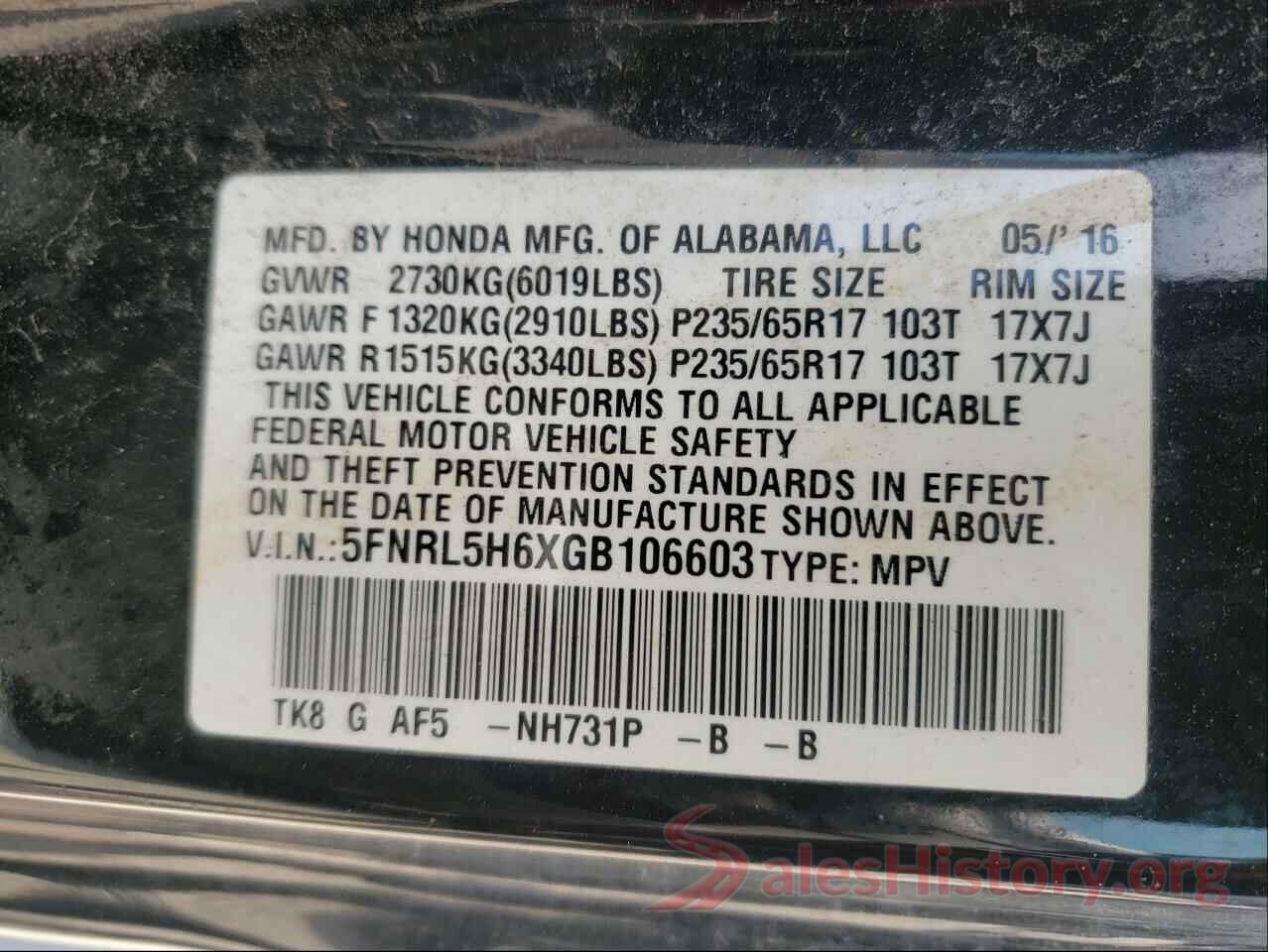 5FNRL5H6XGB106603 2016 HONDA ODYSSEY