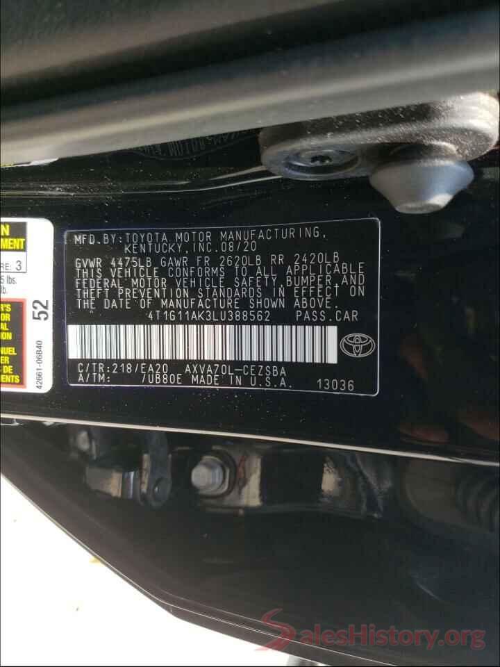 4T1G11AK3LU388562 2020 TOYOTA CAMRY