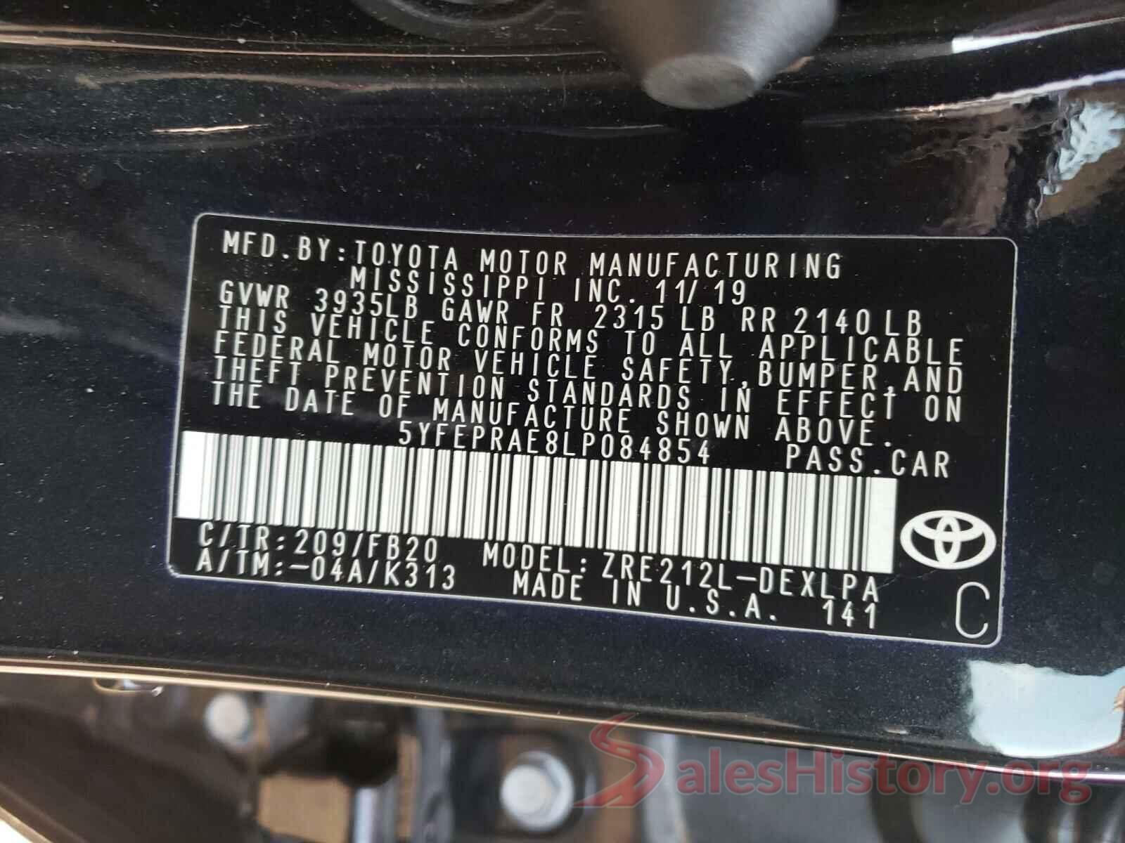 5YFEPRAE8LP084854 2020 TOYOTA COROLLA