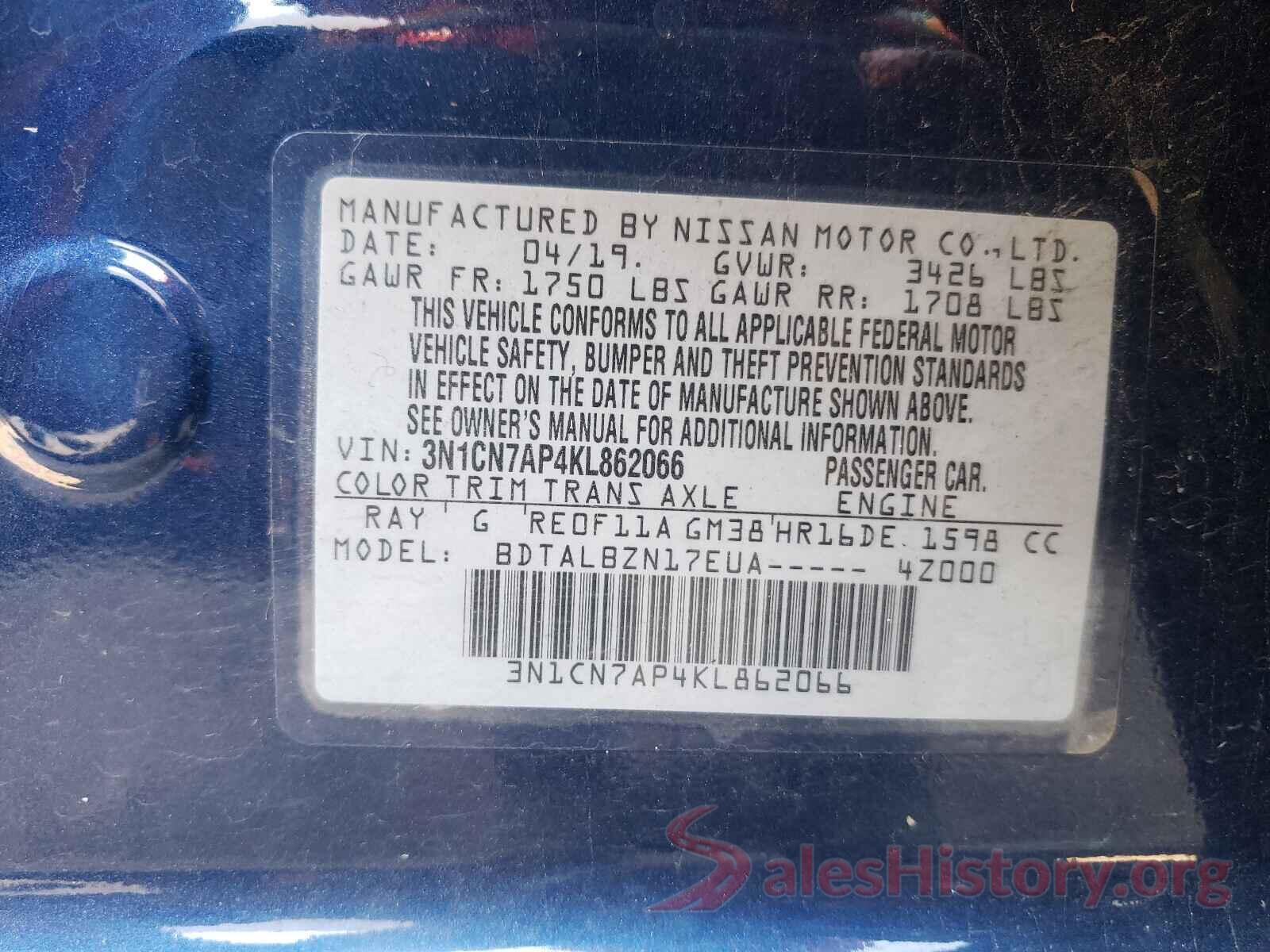 3N1CN7AP4KL862066 2019 NISSAN VERSA