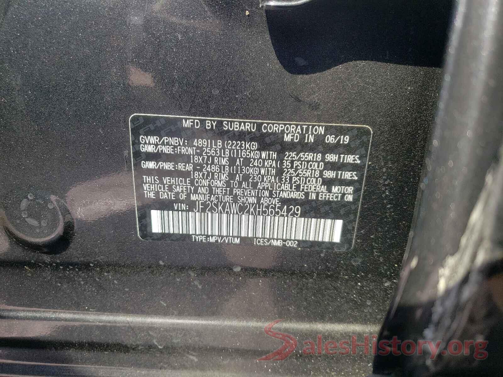 JF2SKAWC2KH565429 2019 SUBARU FORESTER