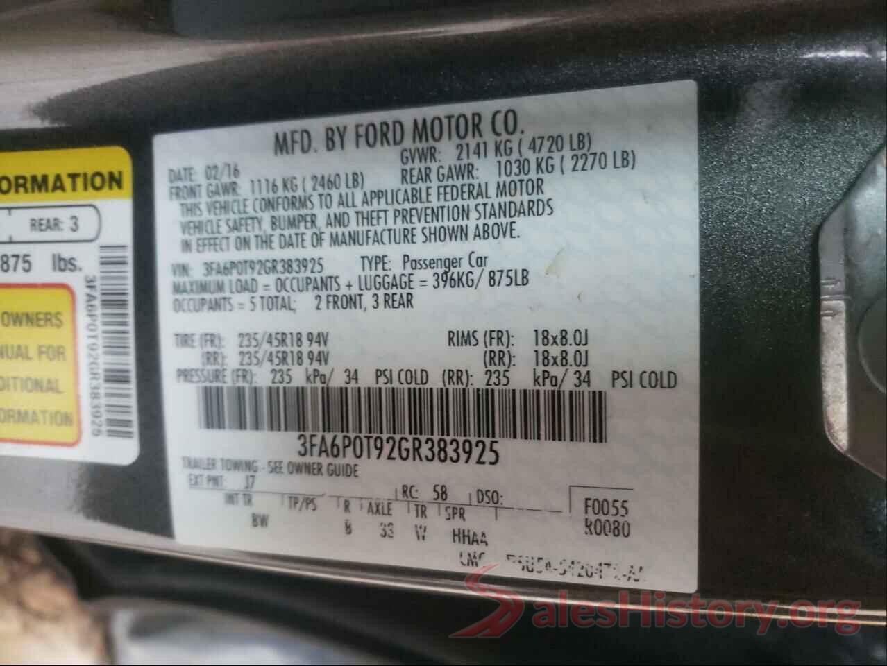 3FA6P0T92GR383925 2016 FORD FUSION