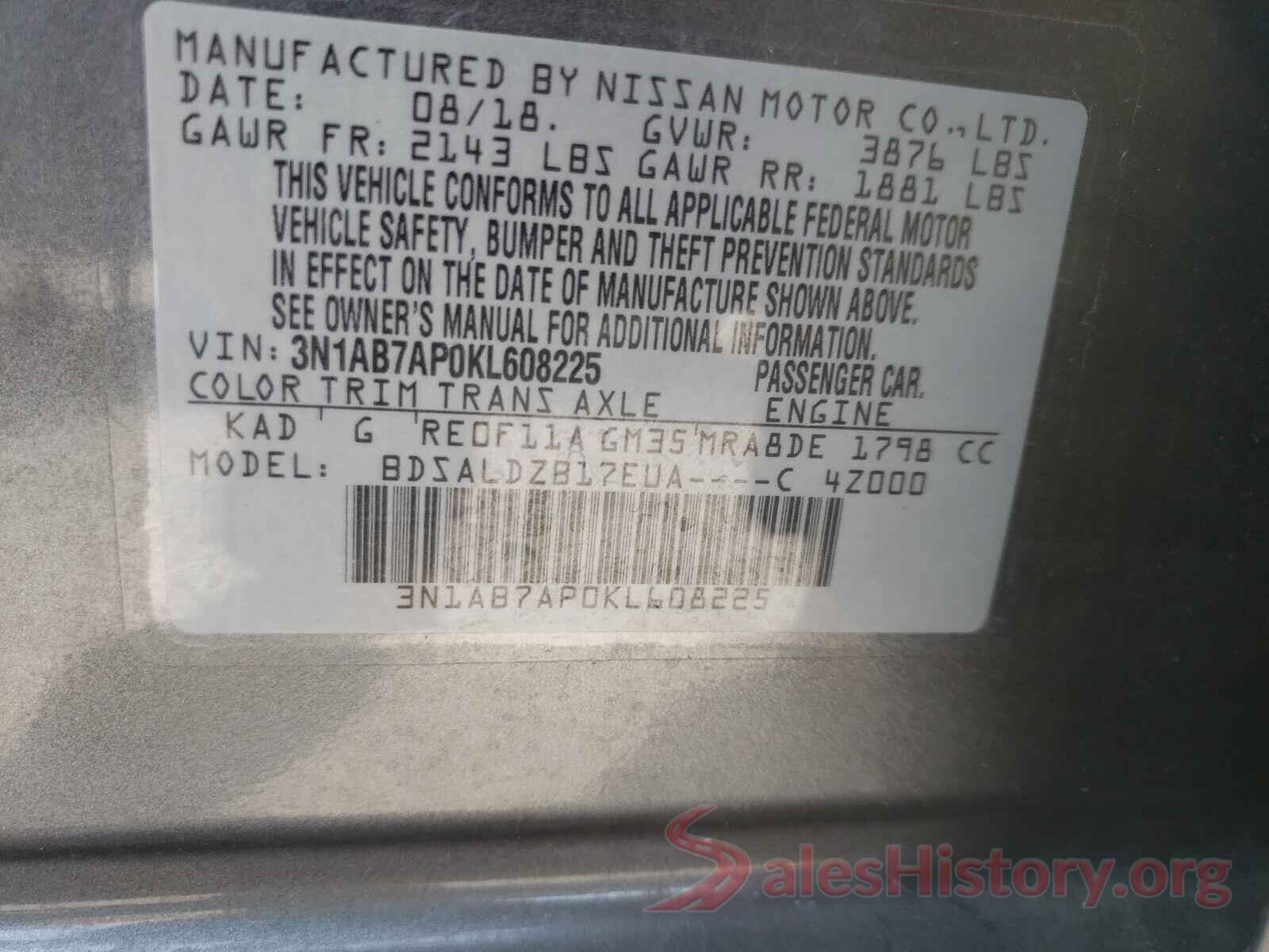 3N1AB7AP0KL608225 2019 NISSAN SENTRA