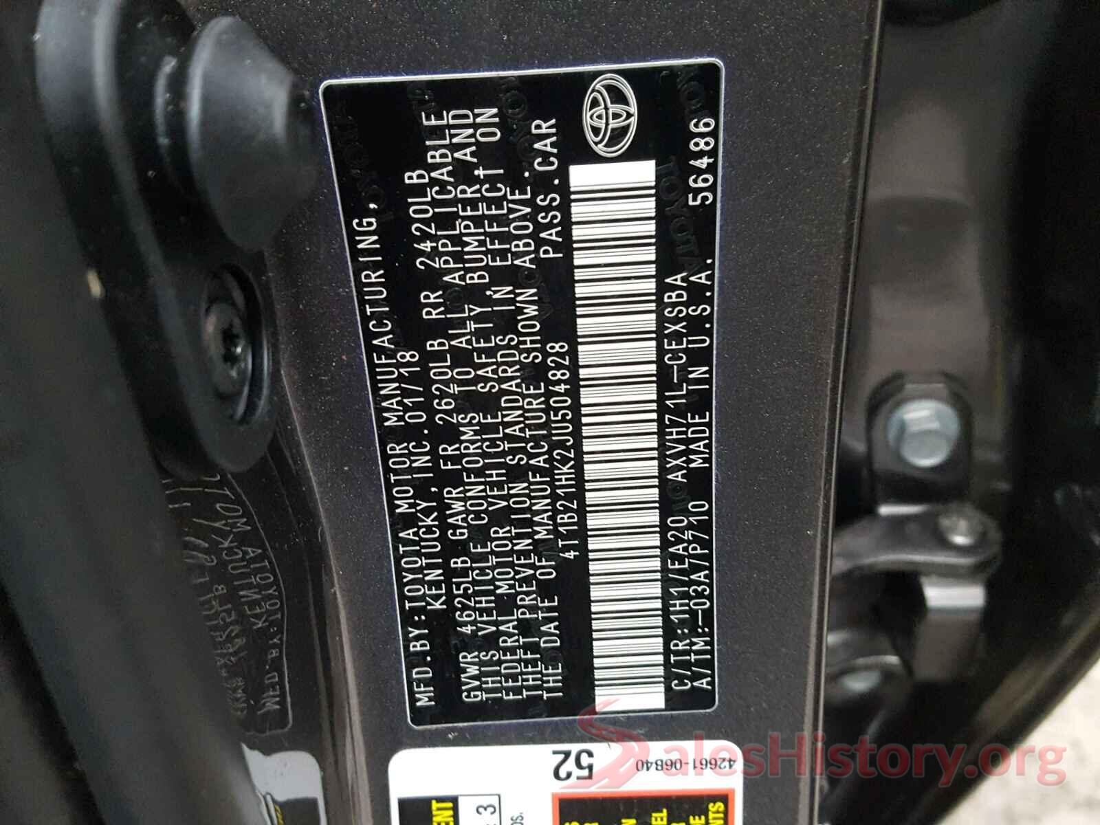 4T1B21HK2JU504828 2018 TOYOTA CAMRY