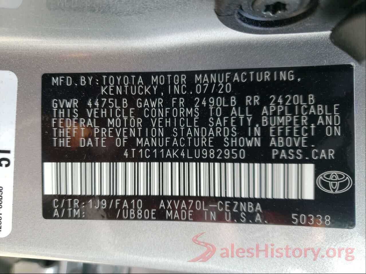 4T1C11AK4LU982950 2020 TOYOTA CAMRY