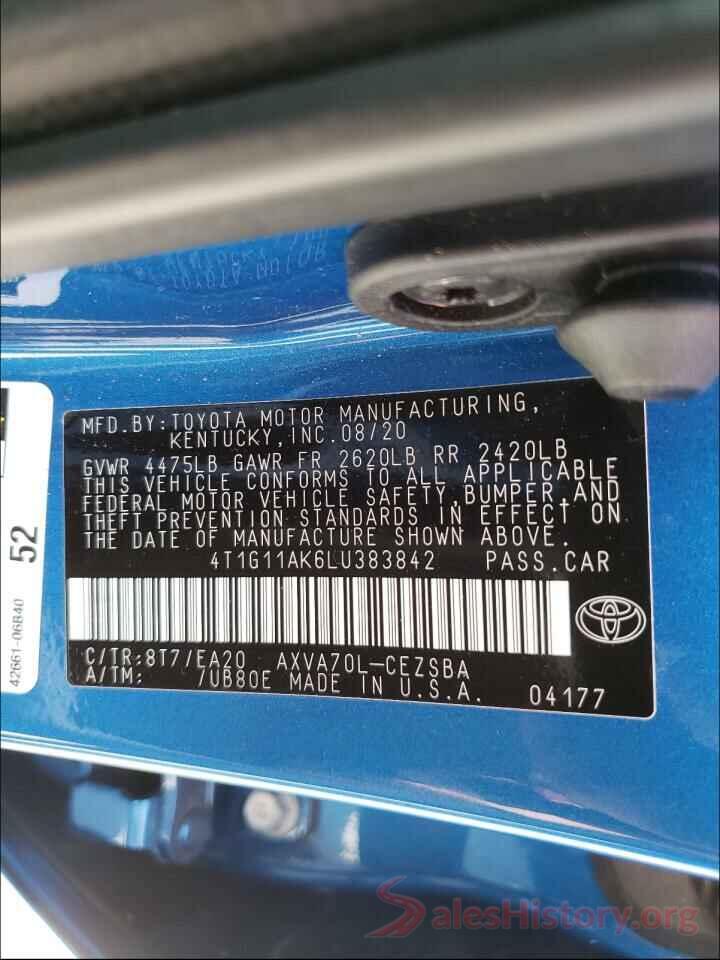 4T1G11AK6LU383842 2020 TOYOTA CAMRY