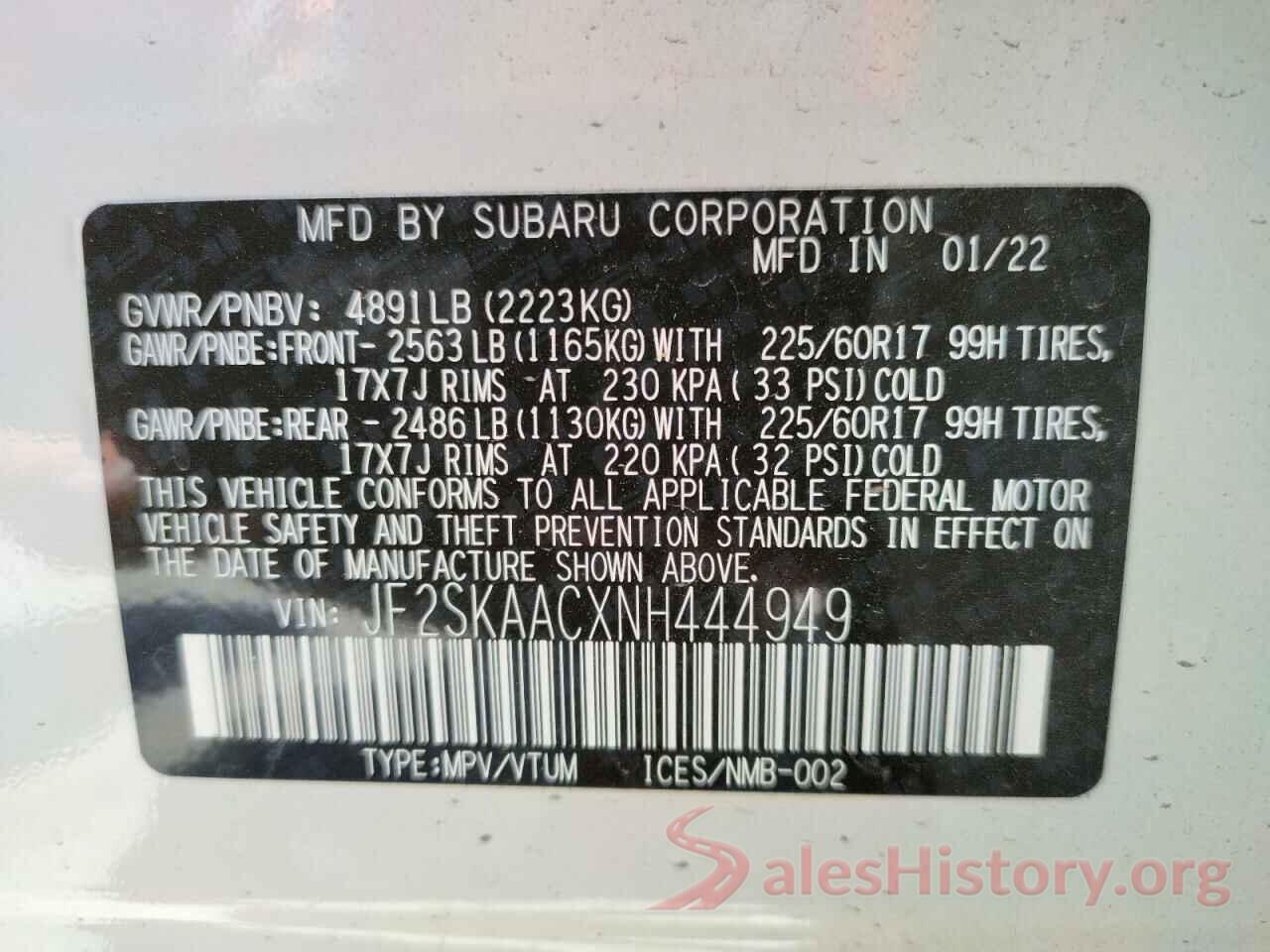 JF2SKAACXNH444949 2022 SUBARU FORESTER