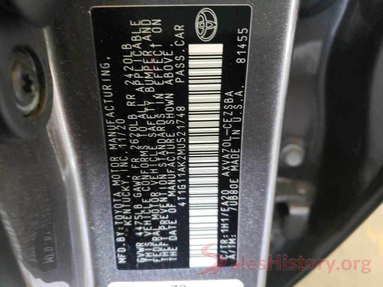 4T1G11AK2MU521748 2021 TOYOTA CAMRY