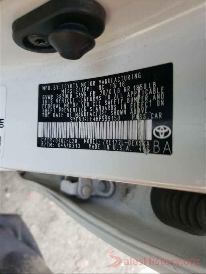 5YFBURHE4HP599150 2017 TOYOTA COROLLA