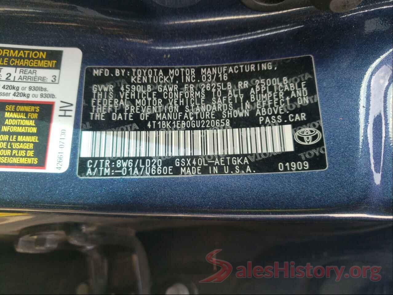 4T1BK1EB0GU220658 2016 TOYOTA AVALON