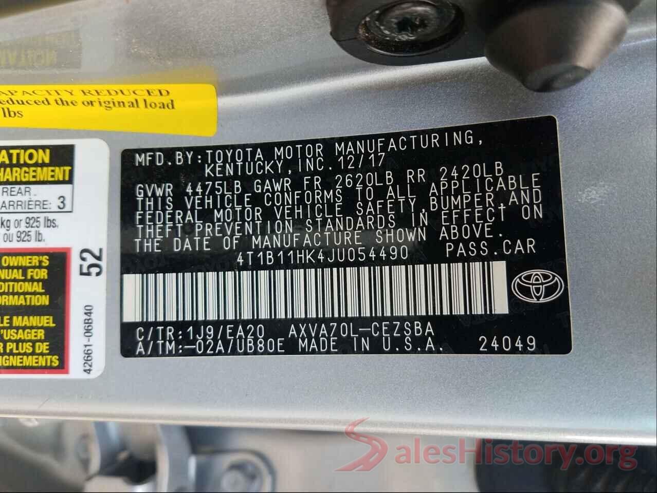 4T1B11HK4JU054490 2018 TOYOTA CAMRY