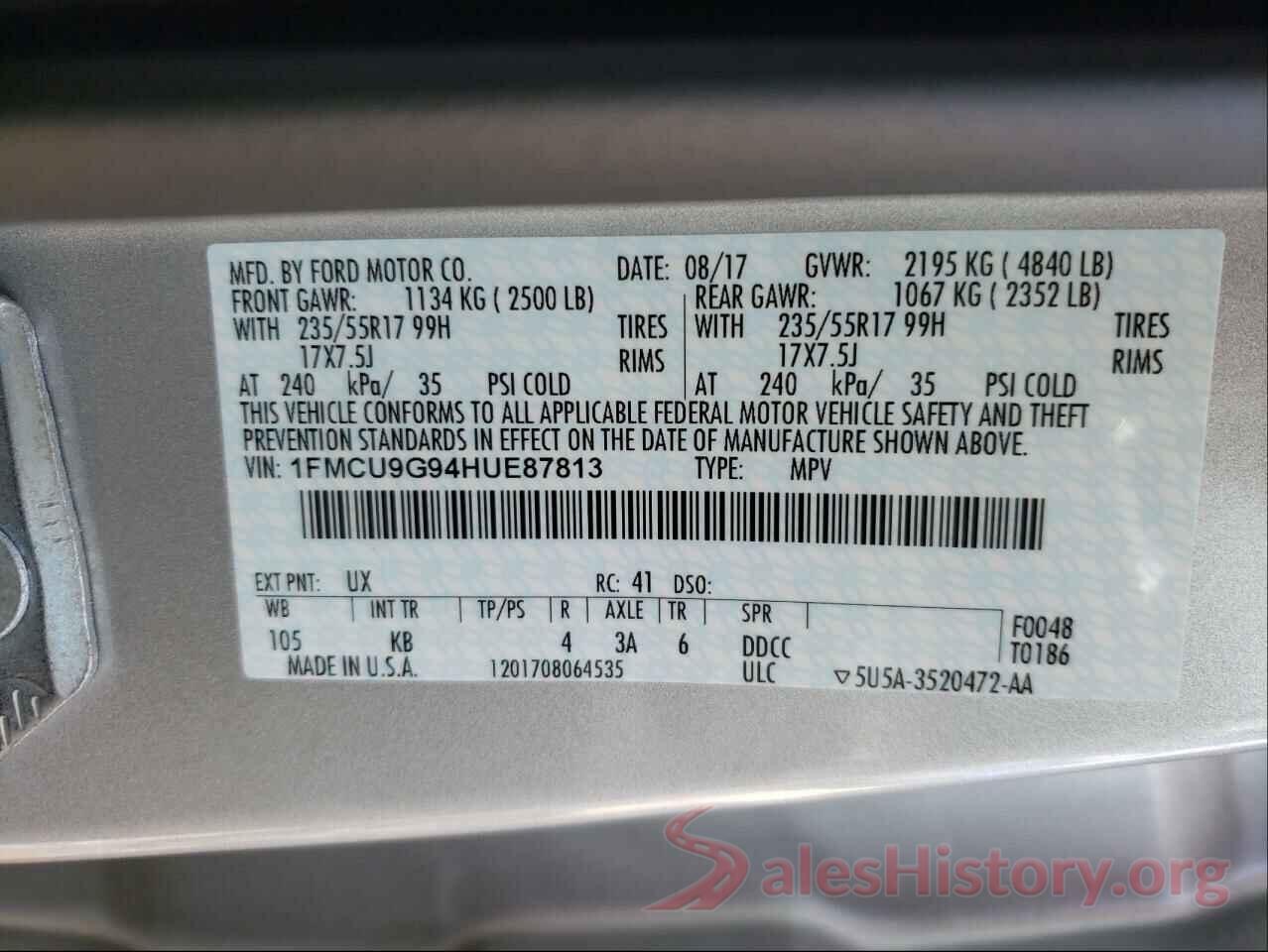 1FMCU9G94HUE87813 2017 FORD ESCAPE