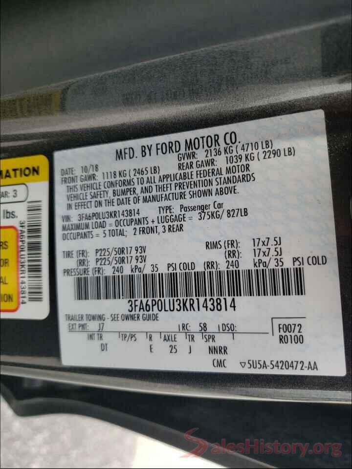 3FA6P0LU3KR143814 2019 FORD FUSION