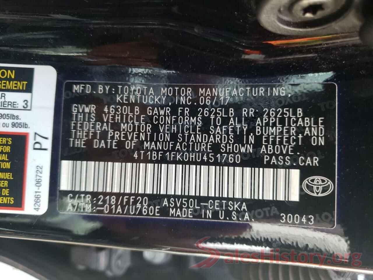 4T1BF1FK0HU451760 2017 TOYOTA CAMRY