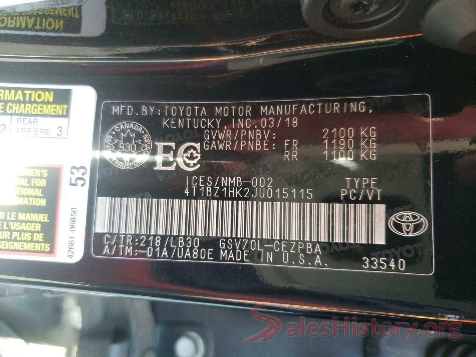 4T1BZ1HK2JU015115 2018 TOYOTA CAMRY