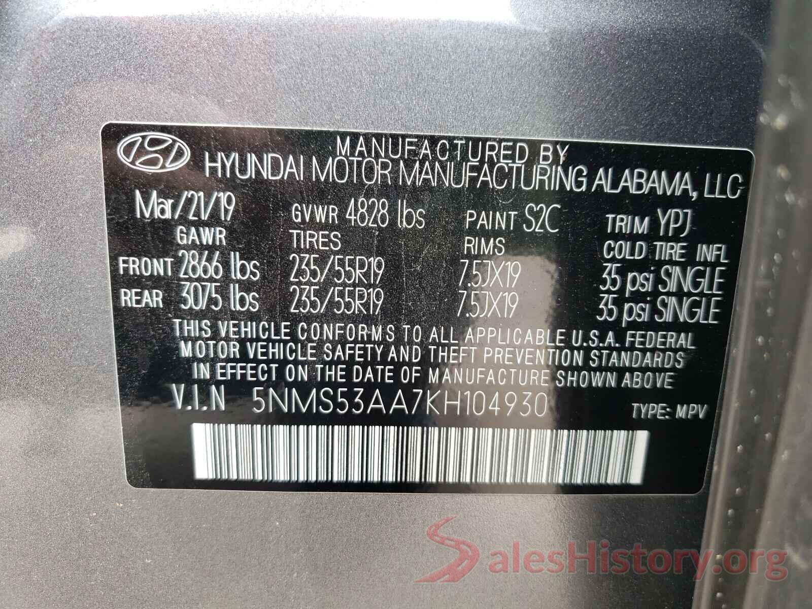 5NMS53AA7KH104930 2019 HYUNDAI SANTA FE