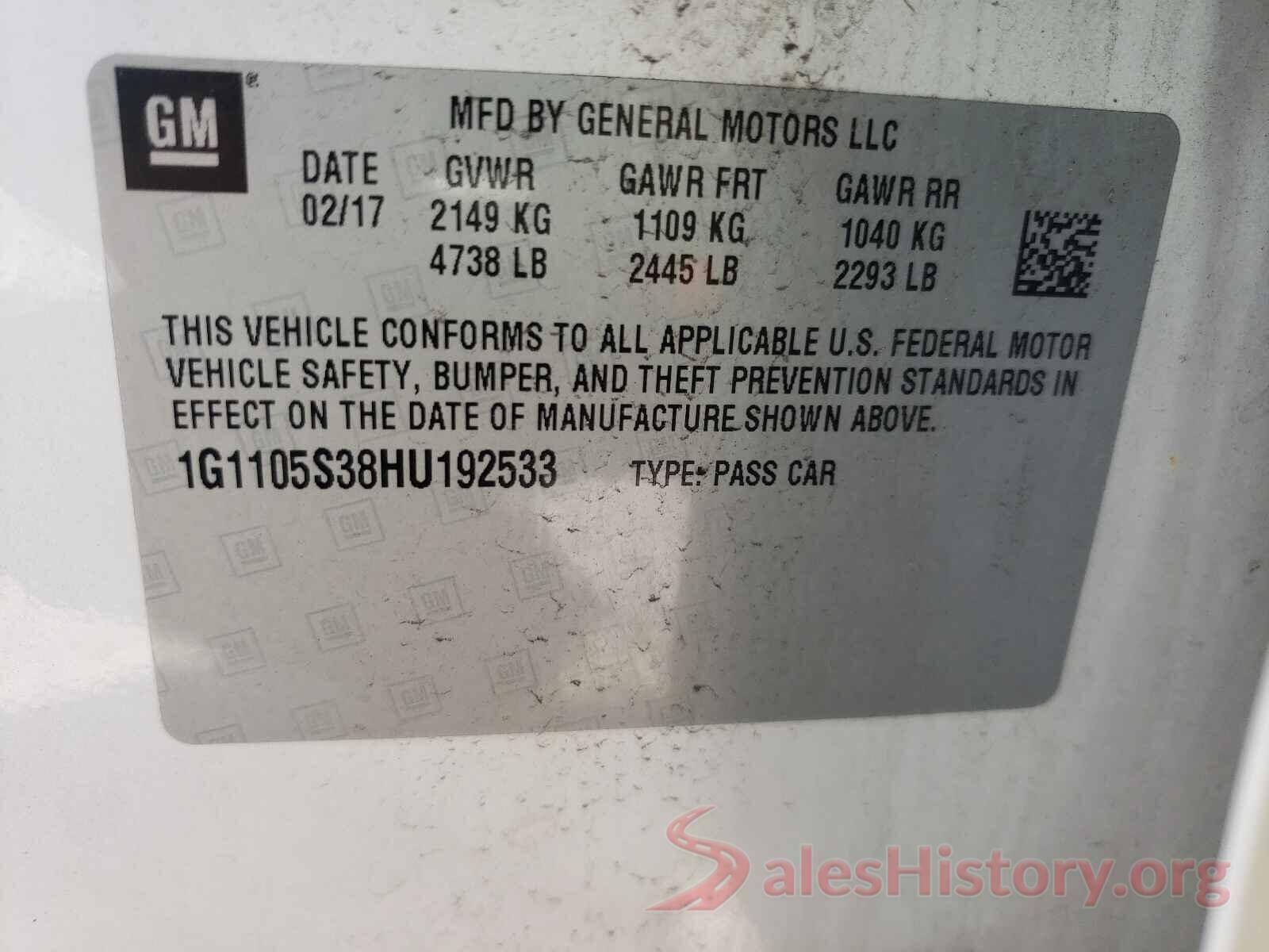 1G1105S38HU192533 2017 CHEVROLET IMPALA