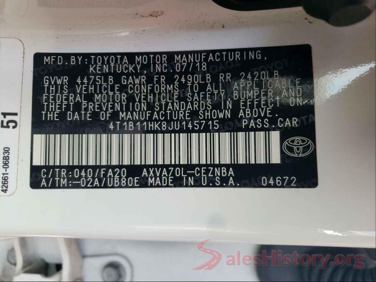 4T1B11HK8JU145715 2018 TOYOTA CAMRY