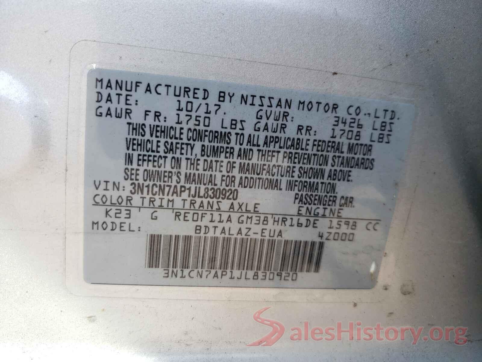 3N1CN7AP1JL830920 2018 NISSAN VERSA