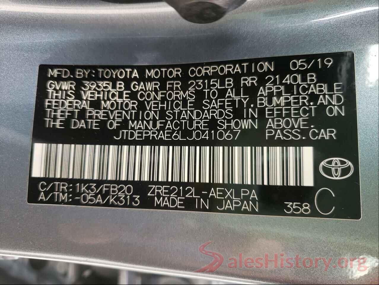 JTDEPRAE6LJ041067 2020 TOYOTA COROLLA