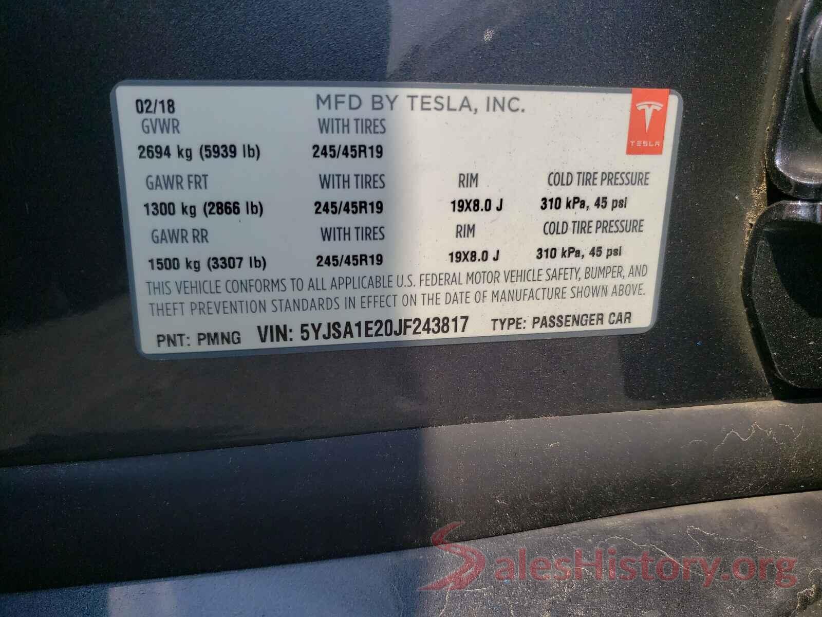 5YJSA1E20JF243817 2018 TESLA MODEL S